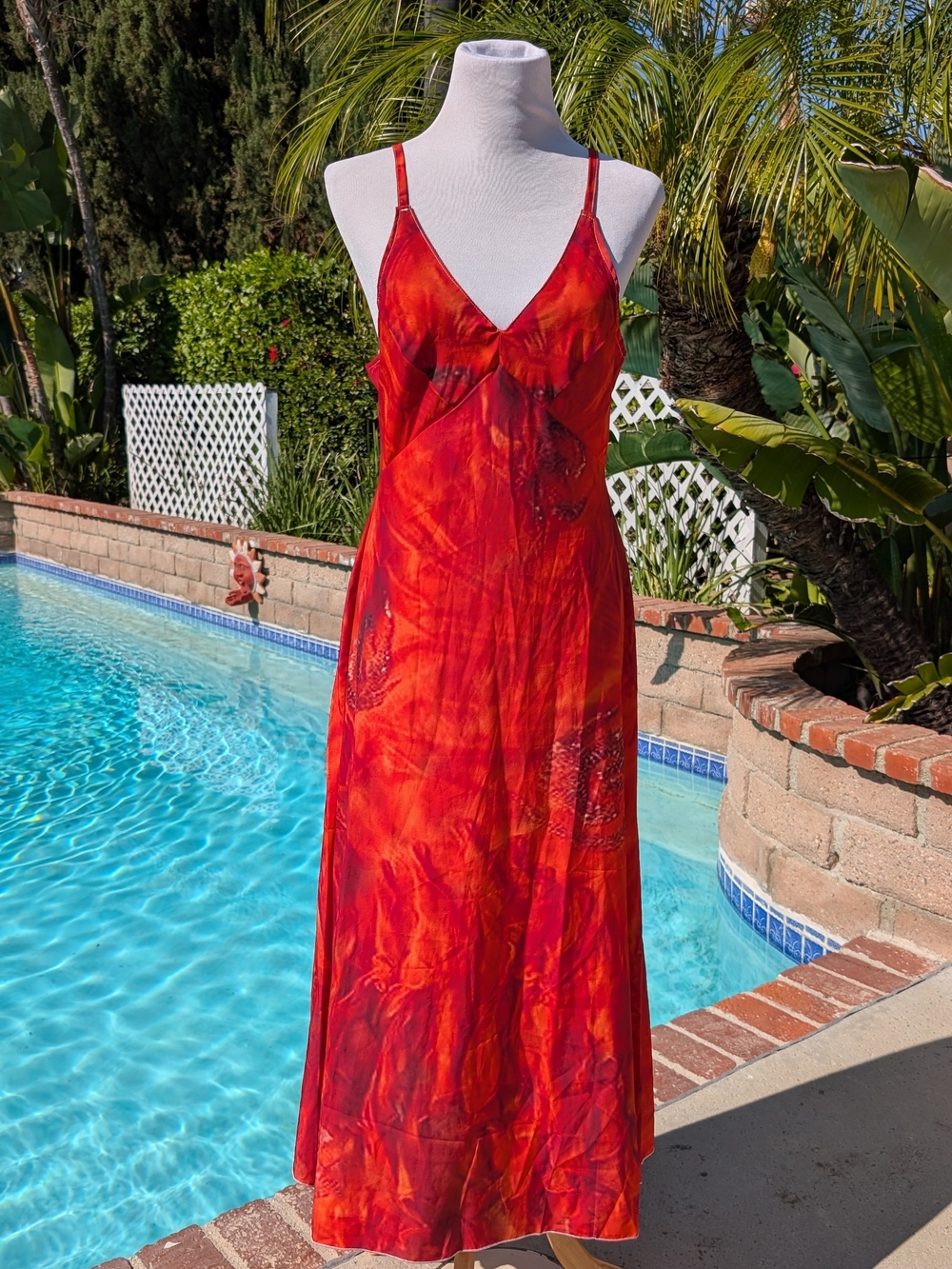 Amazon Red Tie-Dye Satin Slip Dress with Spaghetti Straps